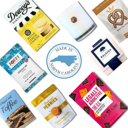 Raleigh NC corporate welcome gift contents featuring Carolina specialty goods and keepsake soy candle from Handpicked Gifts NC