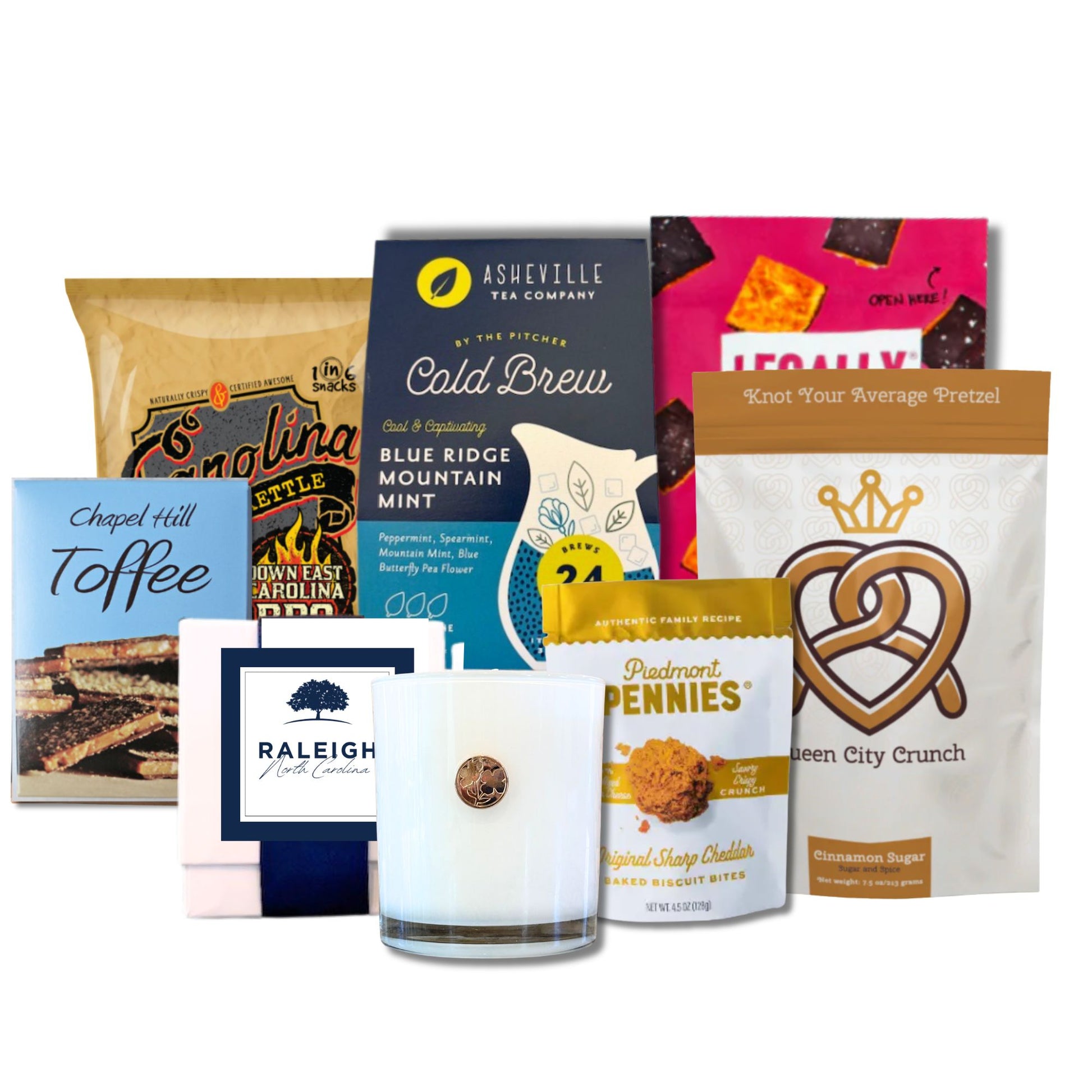 Raleigh NC corporate welcome gift contents featuring Carolina specialty goods and keepsake soy candle from Handpicked Gifts NC