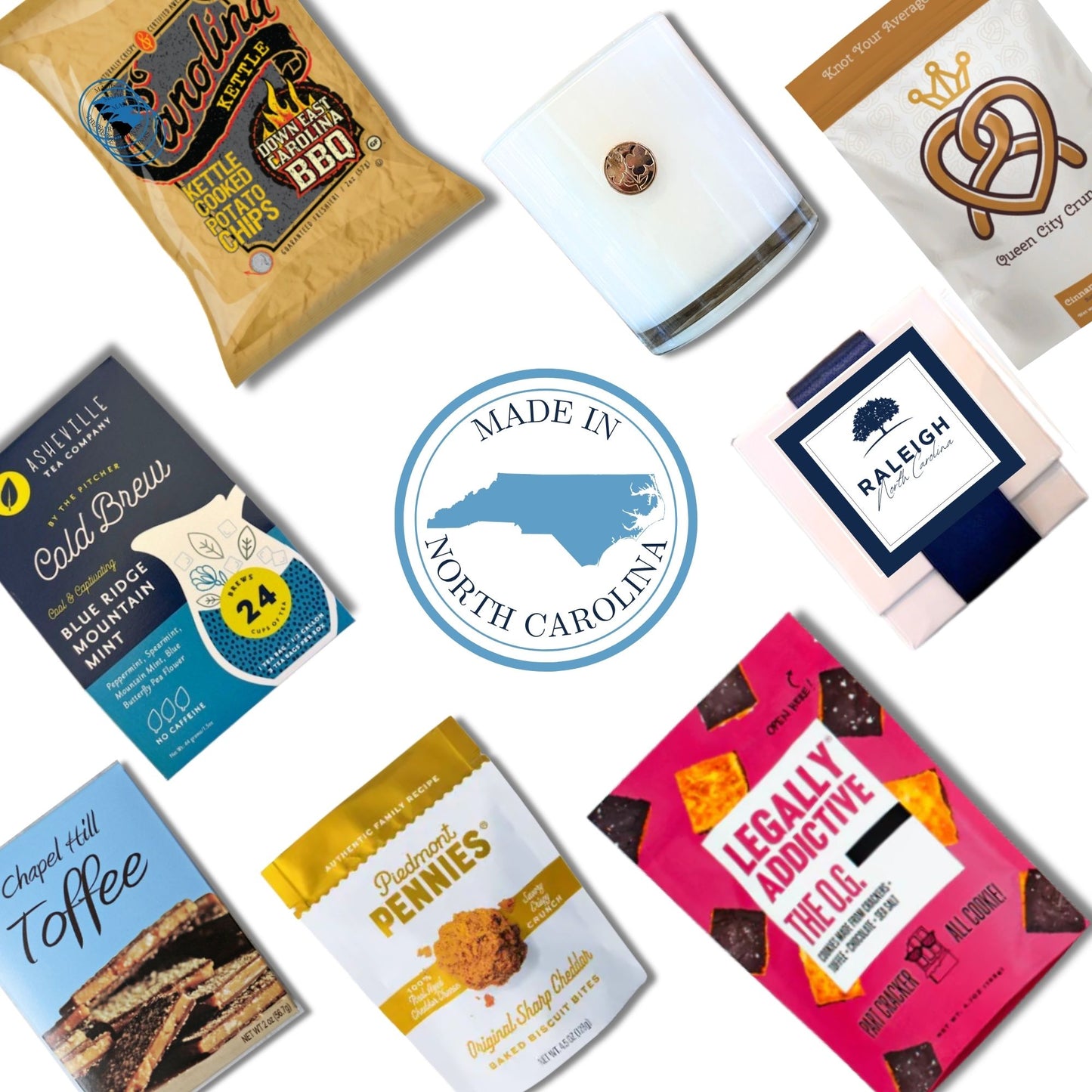 Raleigh NC welcome gift with Made in the Carolinas emblem, featuring gourmet snacks and soy candle from NC and SC producers