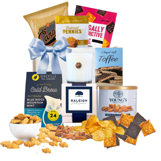 Raleigh NC welcome gift tote for realtor closing gifts, corporate relocation, and new employee onboarding from Handpicked NC