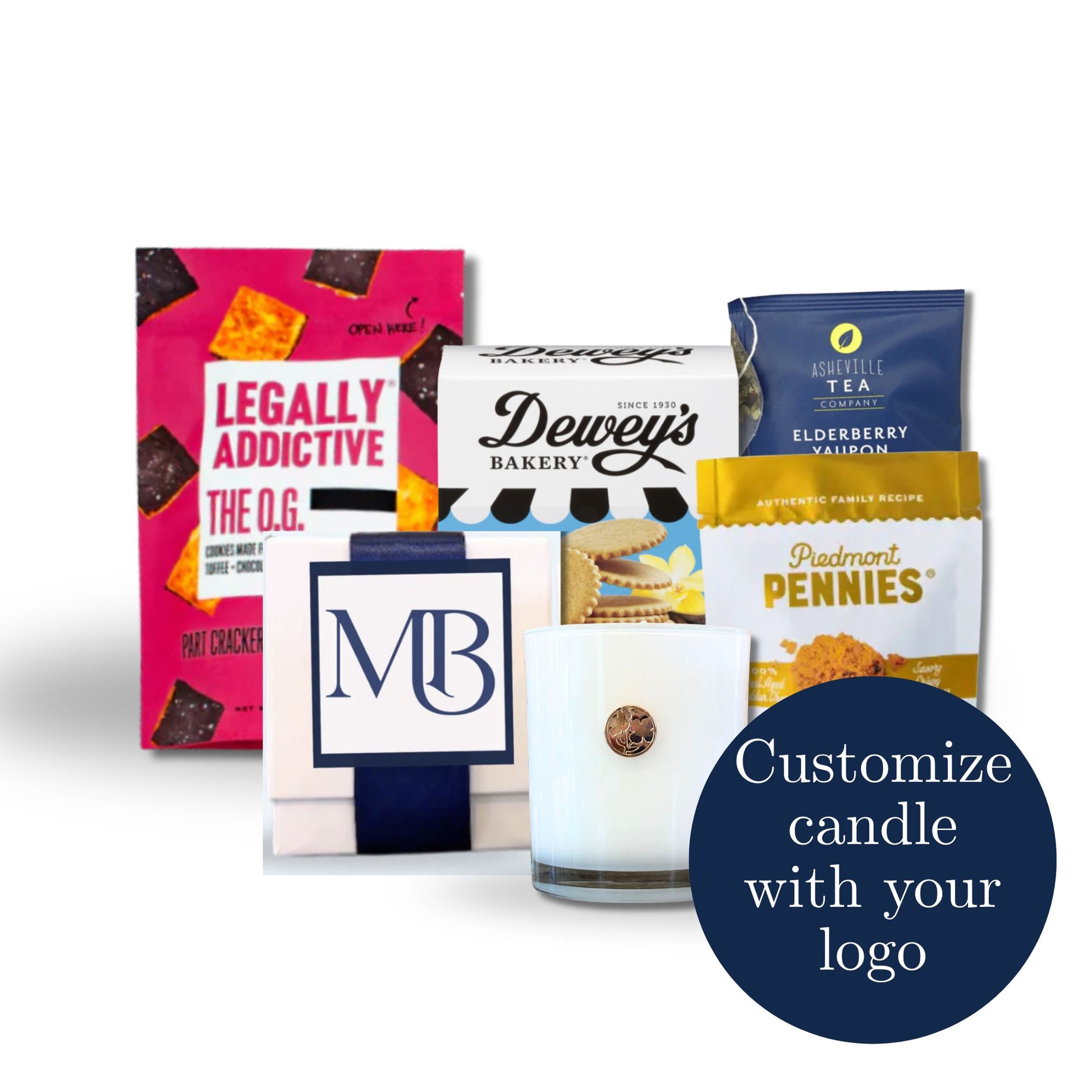 Collection of North Carolina small batch  branded products including a customized candle, cookies, and tea with customization text.