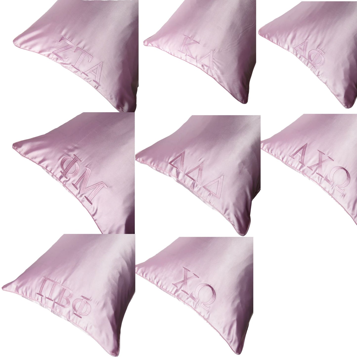 Pink satin pillowcase with embroidered sorority letters