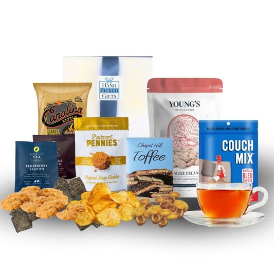 North Carolina sampler gift box with artisan treats, BBQ chips, and gourmet toffee