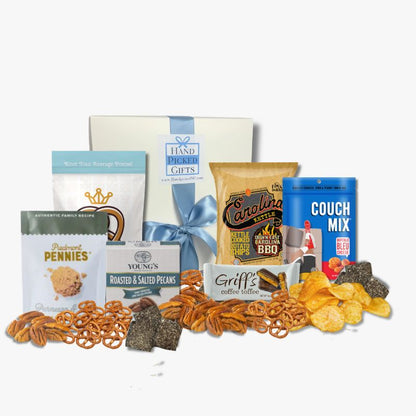 North Carolina sampler gift box with artisan treats, BBQ chips, and gourmet toffee