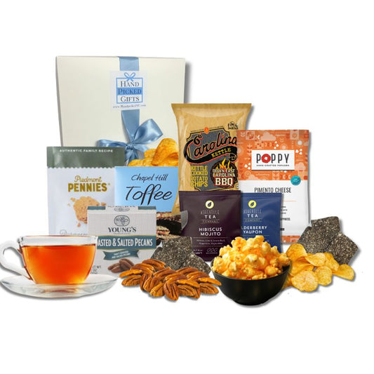 North Carolina sampler gift box with artisan treats, BBQ chips, and gourmet toffee
