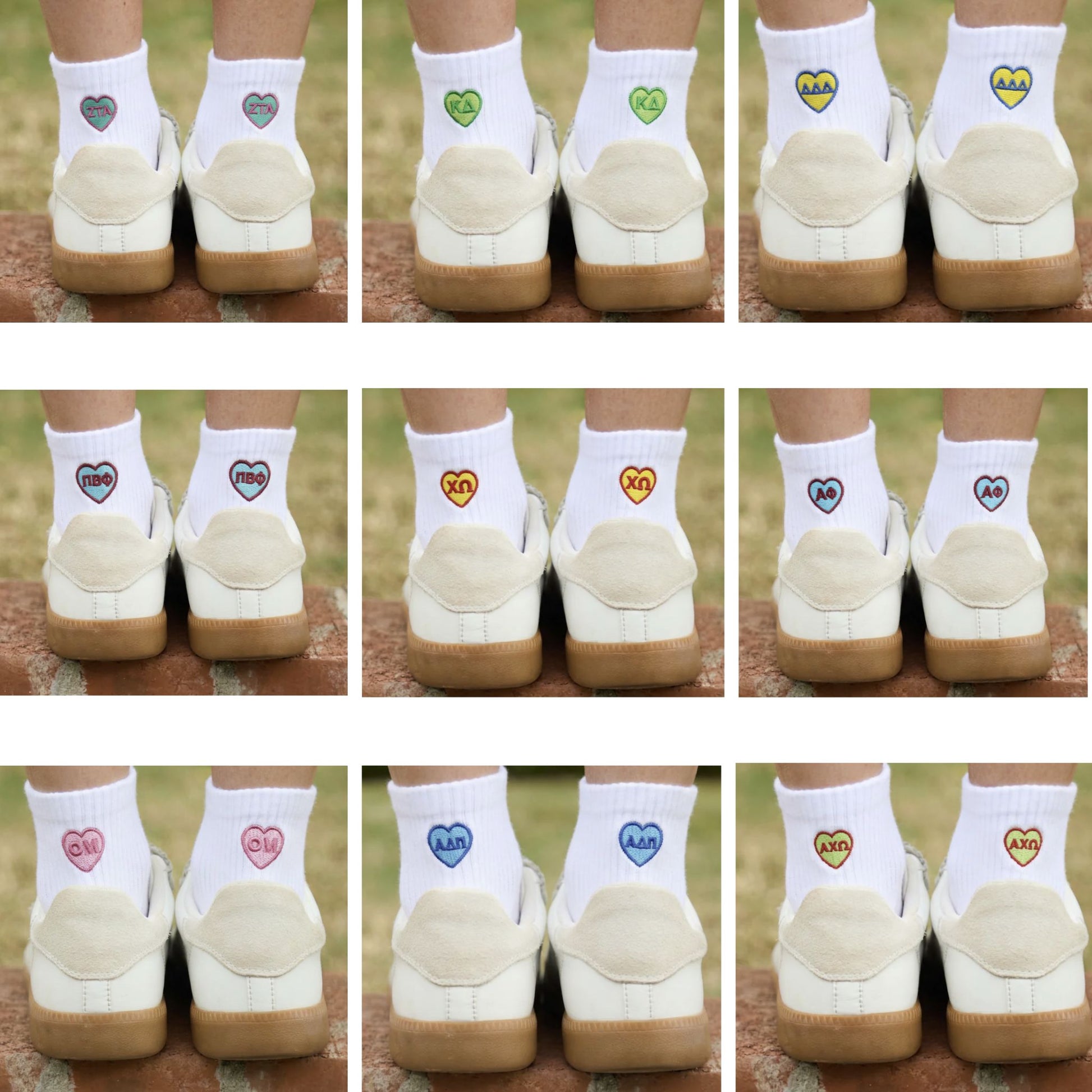 White ankle socks with embroidered sorority letters in heart design