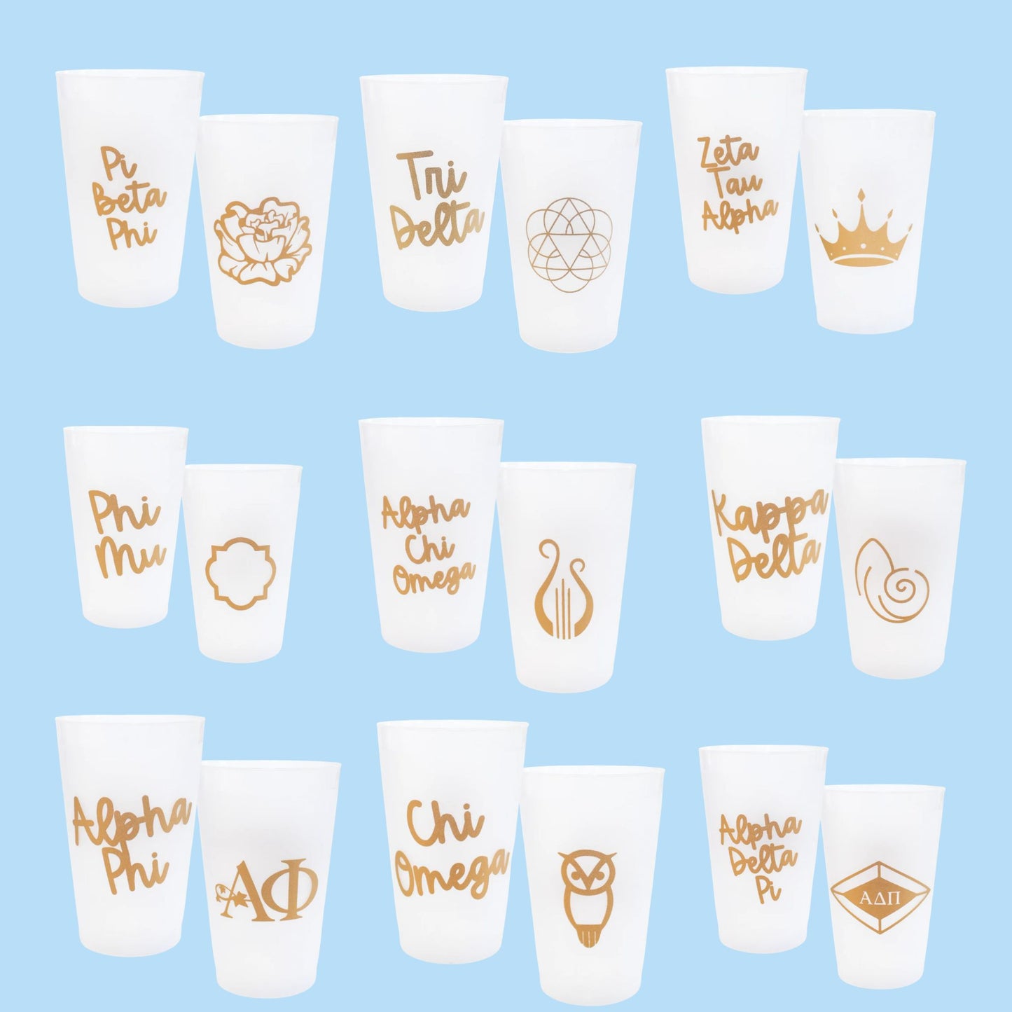 Frosted stadium cup set with sorority name and symbol in gold