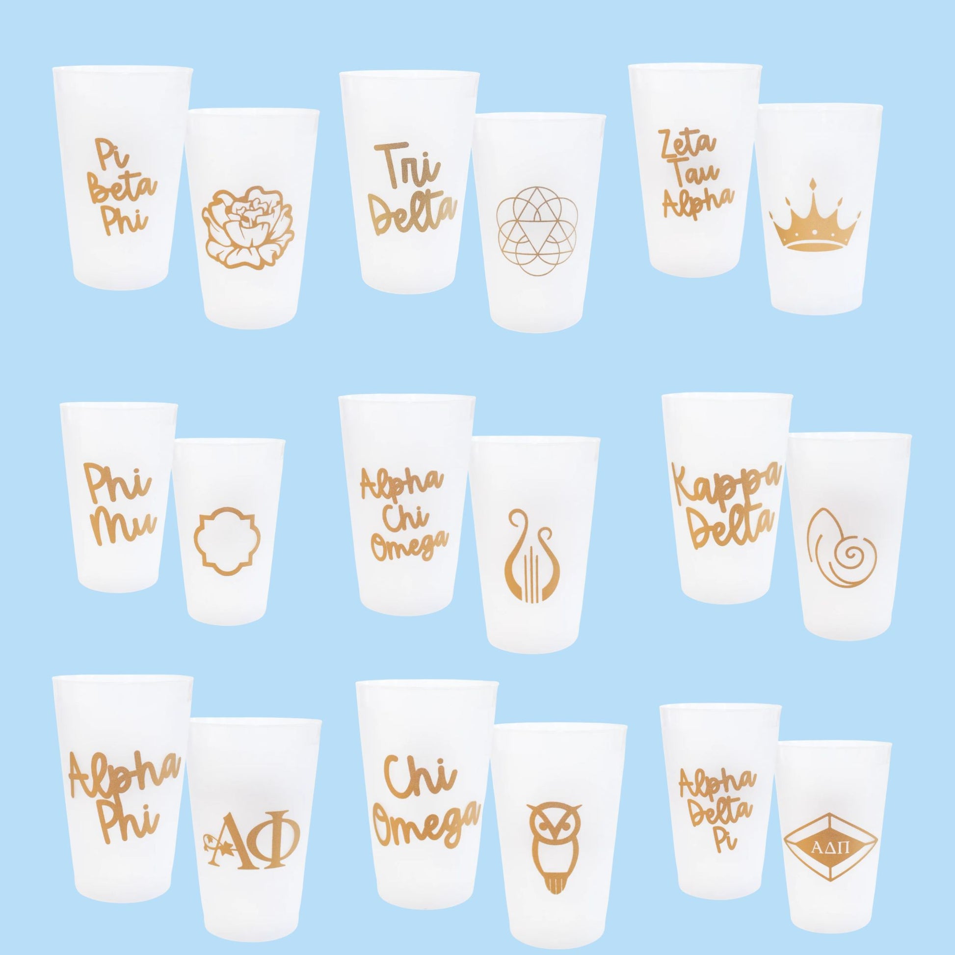 Frosted stadium cup set with sorority name and symbol in gold