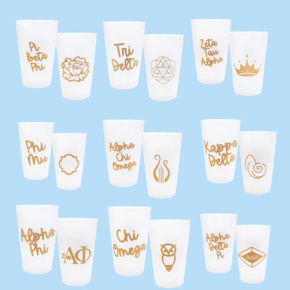 Frosted stadium cup set with sorority name and symbol in gold