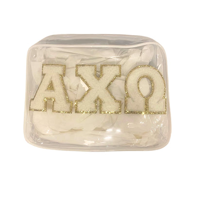 Sorority makeup bag with Greek letters for UNC Chapel Hill students and cosmetics