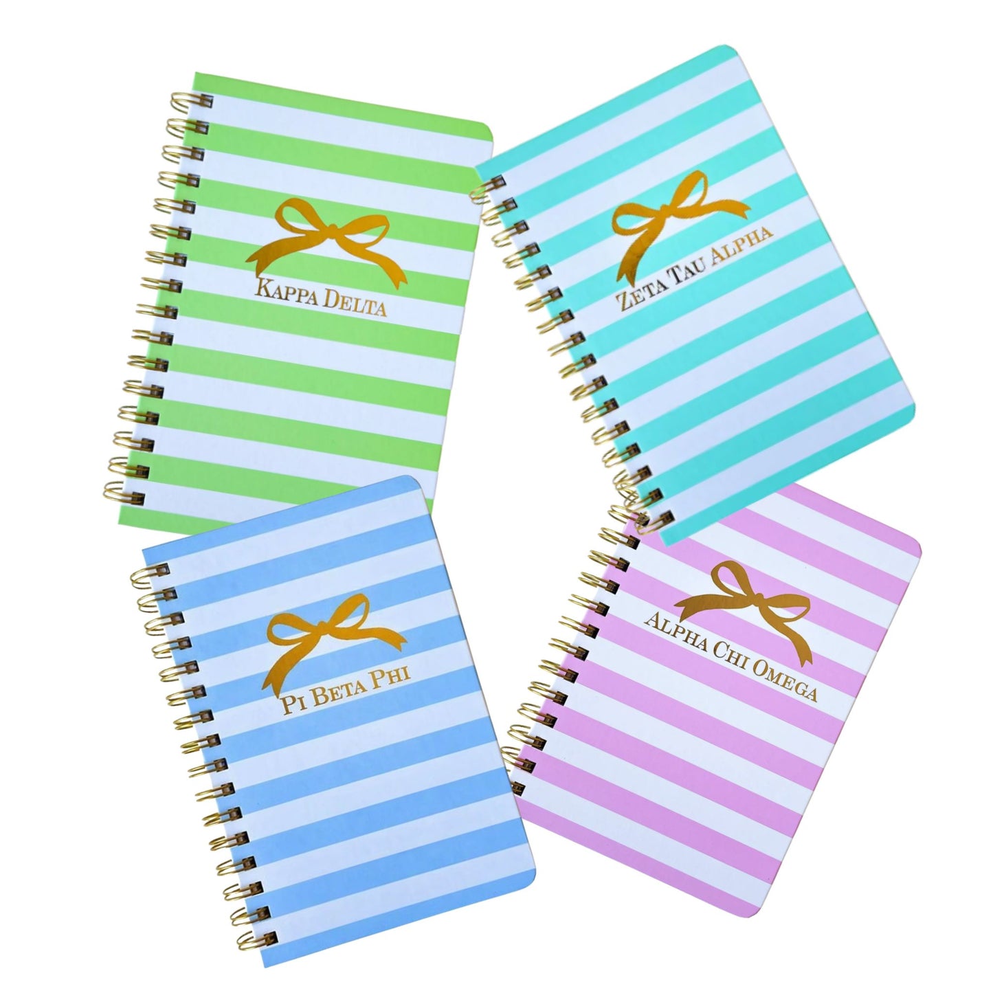 Spiral sorority notebook with gold bow design and sorority letters in sorority colors