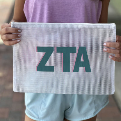 Large mesh zip bag with sorority letters, works as a pool bag, snack bag, or organizer