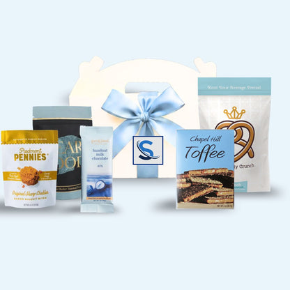 Custom logo branded Southern Welcome corporate event gift box with company label and light blue ribbo