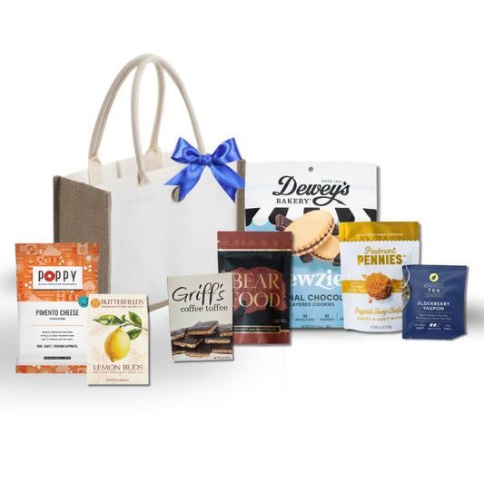 collection of gourmet items that are made in north carolina and a part of a thank you gift