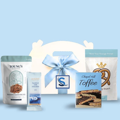 Custom logo branded Southern Welcome corporate event gift box with company label and light blue ribbo