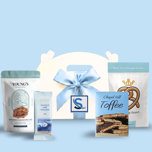 Custom logo branded Southern Welcome corporate event gift box with company label and light blue ribbo