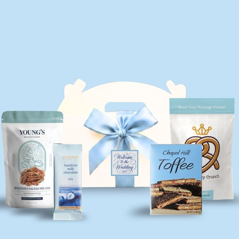 Custom monogram Southern Welcome wedding welcome box with personalized label and light blue ribbon