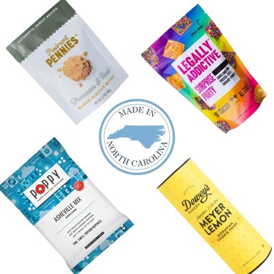 Four food product packages with a 'Made in North Carolina' badge on a white background. Festive birthday treats for people who love the south and North carolina