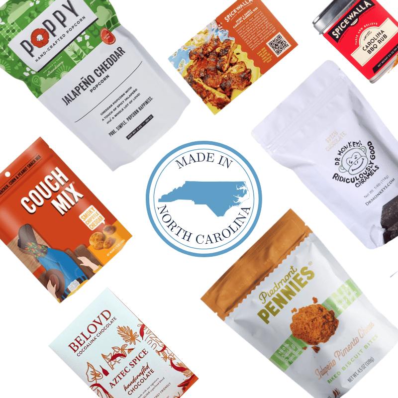 Spicy gourmet gift basket contents with jalapeno popcorn and North Carolina artisan treats for corporate clients