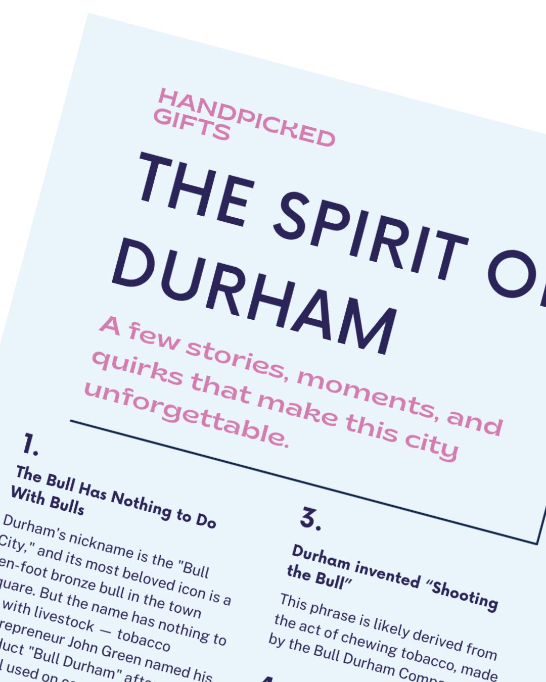 Spirit of Durham Sheet included with Handpicked NC Durham corporate event welcome box