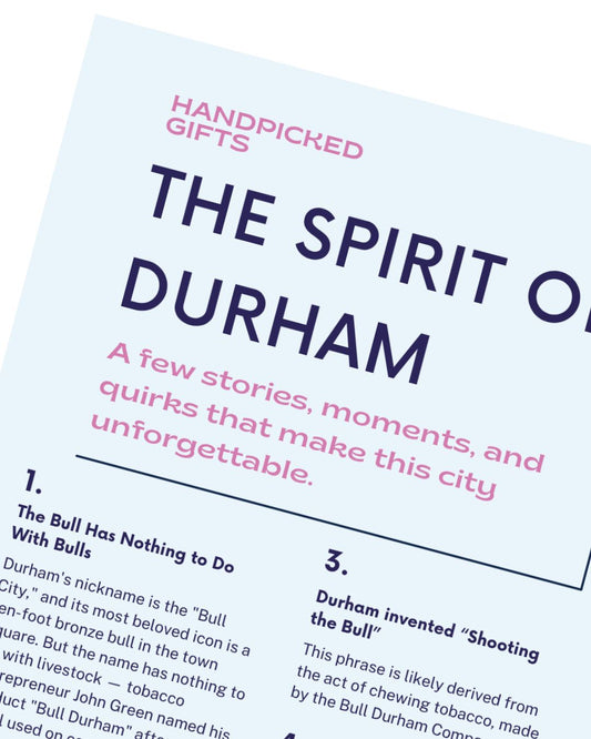 Spirit of Durham Sheet included with Handpicked NC Durham corporate event welcome box