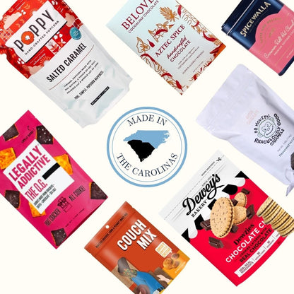 Sweet gift basket contents featuring North Carolina artisan caramels, chocolate, and gourmet treats