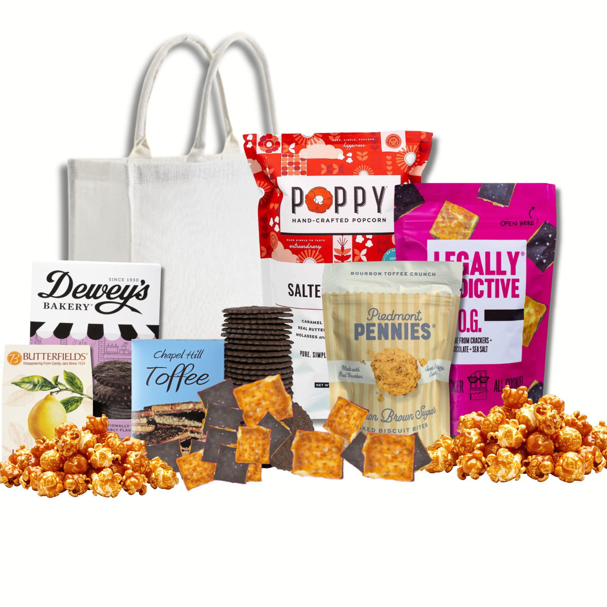 North Carolina gourmet sweet gift bag contents with Chapel Hill Toffee, cake, and artisan treats