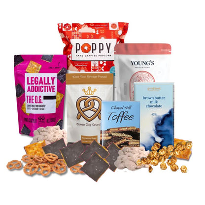 Luxury gift box with made in North Carolina gourmet foods and sweet indulgences, featuring all locally made in NC sweets for mothers day, easter, thinking of you, birthdays, and more
