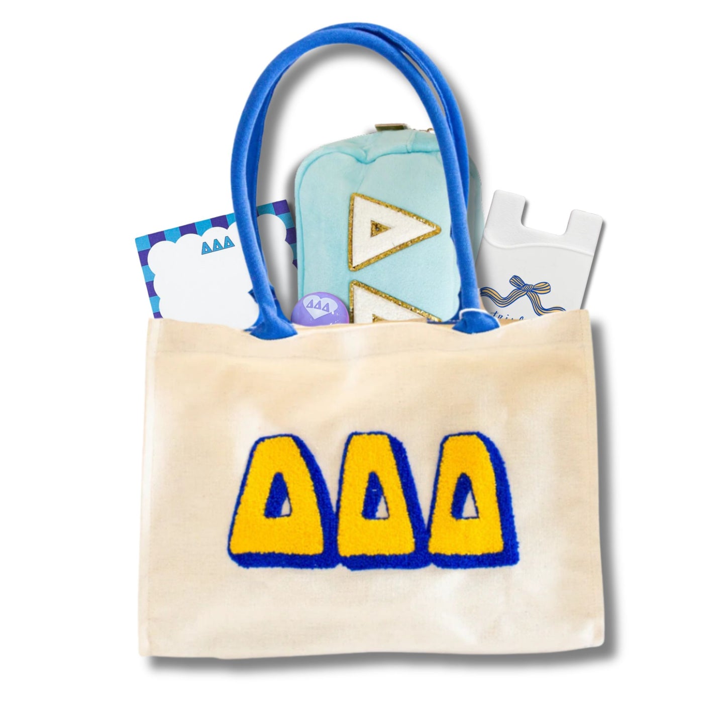 Delta Delta Delta sorority gift bag with Greek letter accessories for UNC Chapel Hill students and bid day