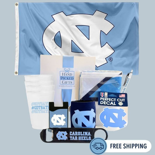 UNC acceptance gift package with Tar Heels flag, koozie, and Chapel Hill student essentials