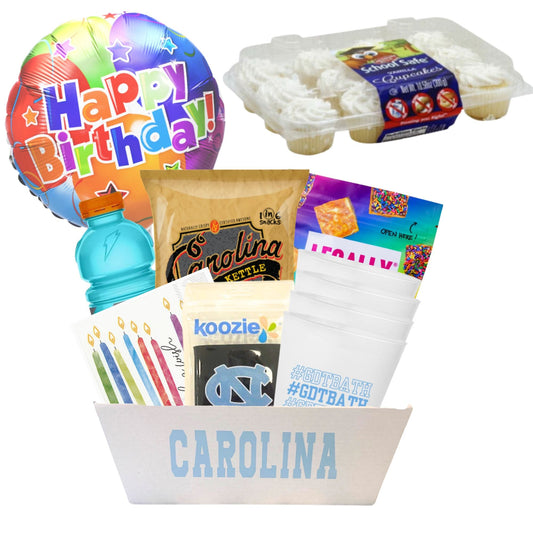 UNC birthday care package nut-free with cupcakes and Carolina Blue gifts for Chapel Hill students