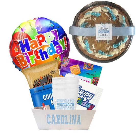 UNC birthday care package with Tar Heels party essentials and Chapel Hill student celebration treats