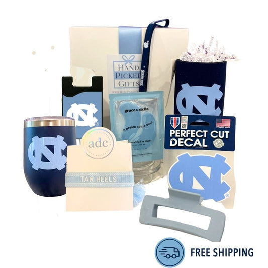 UNC Carolina Girl gift box with Tar Heels essentials for Chapel Hill students and sorority gifts
