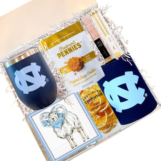UNC Tar Heels happy hour gift basket with cocktail tumbler and Chapel Hill game day essentials