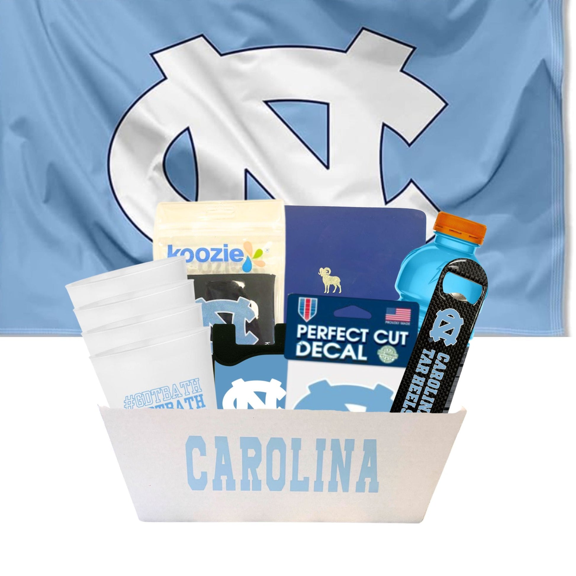 UNC GDTBATH gift basket with Tar Heels flag, cups, and Chapel Hill fan essentials