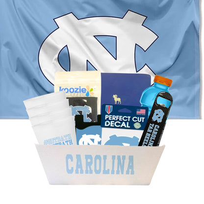 UNC GDTBATH gift basket with Tar Heels flag, cups, and Chapel Hill fan essentials