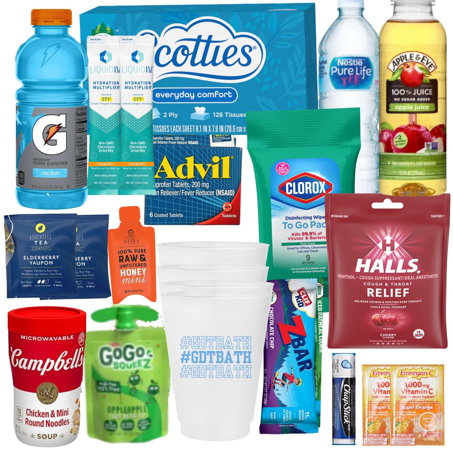 UNC get well basket contents with hydration, soup, and wellness essentials for Tar Heels students