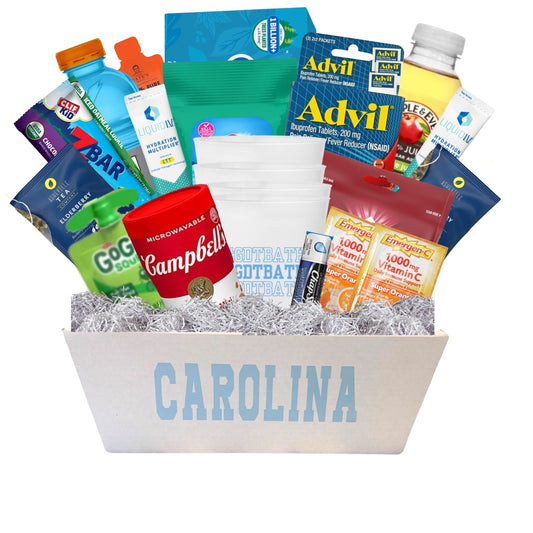 UNC get well care package with health essentials and comfort items for Chapel Hill students