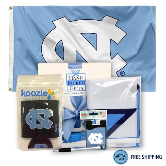 UNC acceptance gift package with Tar Heels flag, koozie, and Chapel Hill student essentials
