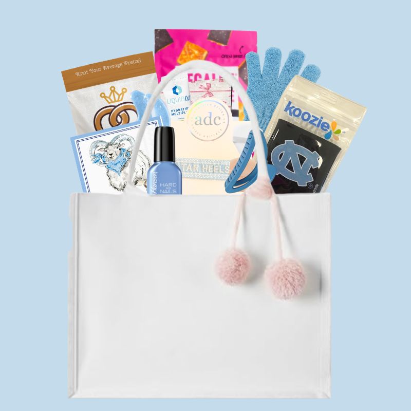  UNC Carolina Girl self-care gift basket with Tar Heels accessories and Chapel Hill pampering essentials