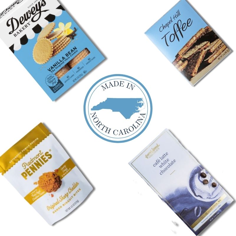 UNC gourmet snack box contents with North Carolina cookies, wafers, and Chapel Hill treats