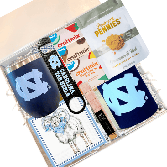 UNC Tar Heels happy hour gift basket with cocktail tumbler and Chapel Hill game day essentials