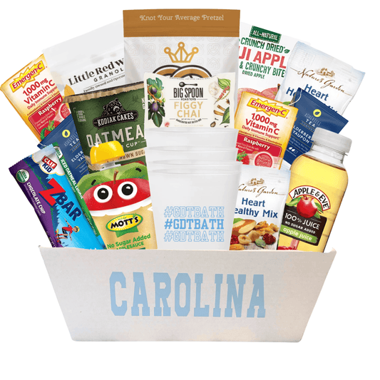 UNC healthy care package with wellness snacks and hydration essentials for Chapel Hill students