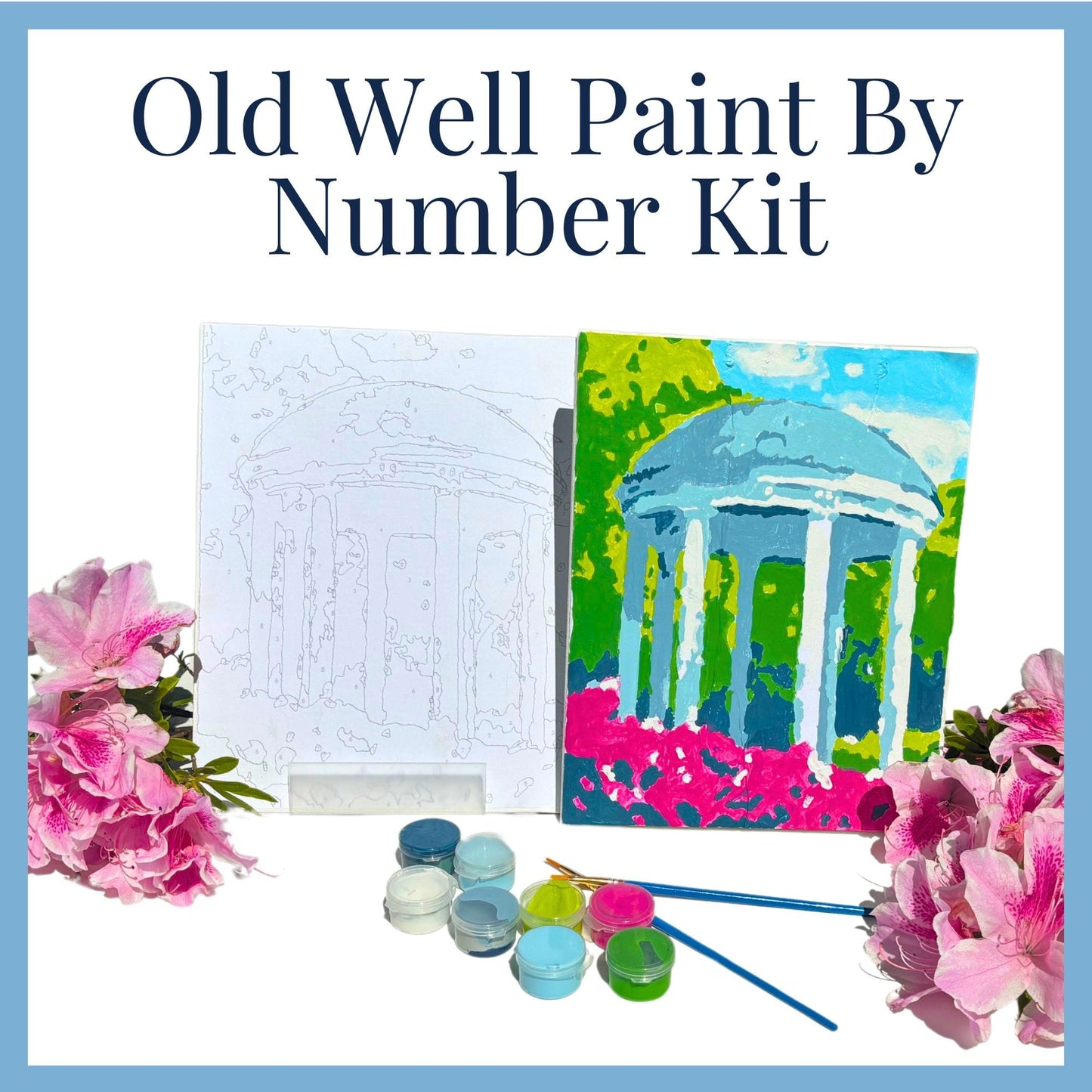 UNC Old Well paint kit contents with canvas, paints, and brushes for Tar Heels gifts