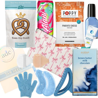 UNC self-care basket contents with Carolina Girl accessories, snacks, and Chapel Hill beauty essentials