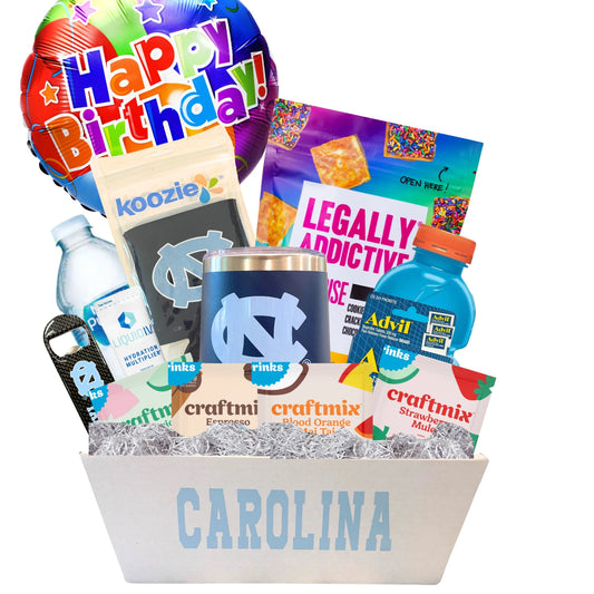 UNC 21st birthday gift basket with Tar Heels tumbler, recovery essentials, and Chapel Hill celebration items