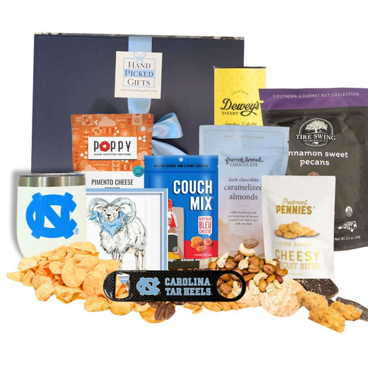 Gourmet UNC Chapel Hill gift containing UNC tumbler, ramses beverage napkins, Chapel Hill chocolate, and other gourmet food made in North Carolina