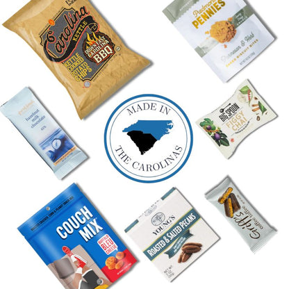 Contents of Handpicked NC corporate event welcome box including Carolina-made snacks and sweets