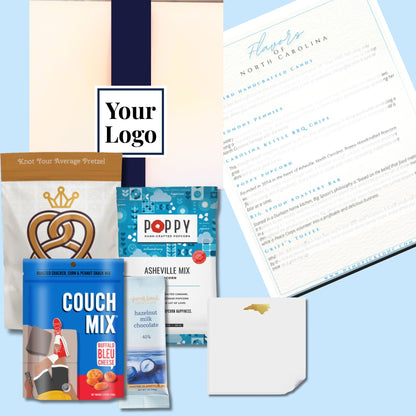 North Carolina welcome gift box with gourmet treats and corporate custom branding options