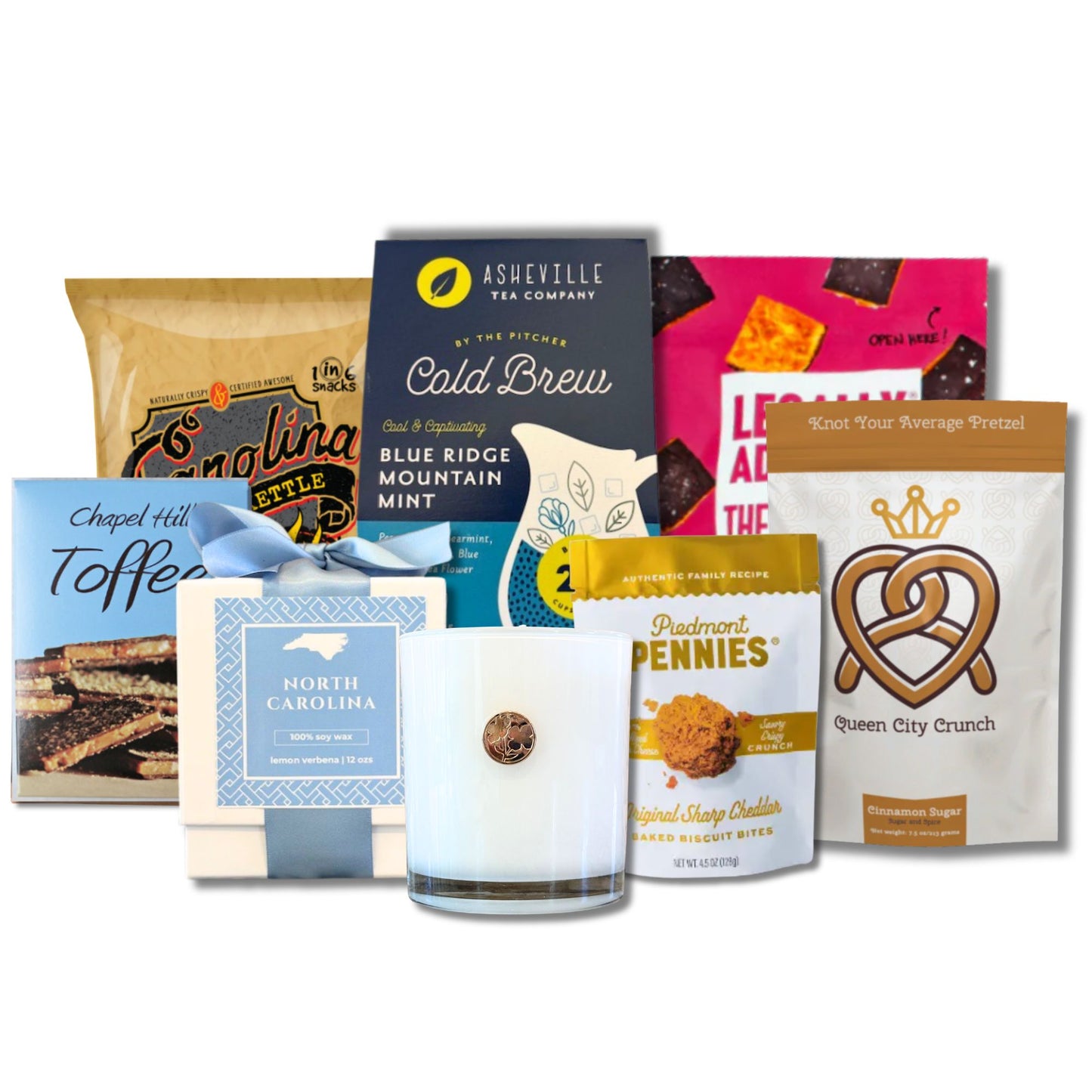 North Carolina welcome gift basket contents with BBQ chips, Chapel Hill Toffee, and artisan tea